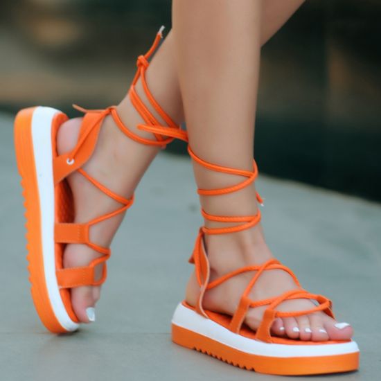 Jiata Turuncu Cilt Bağcıklı Sandalet resmi