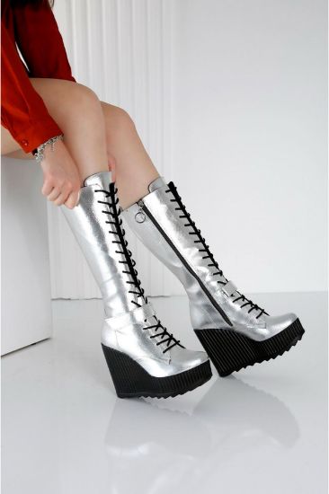 Deja Gümüş Cilt Bağcıklı Dolgu Topuk Çizme resmi