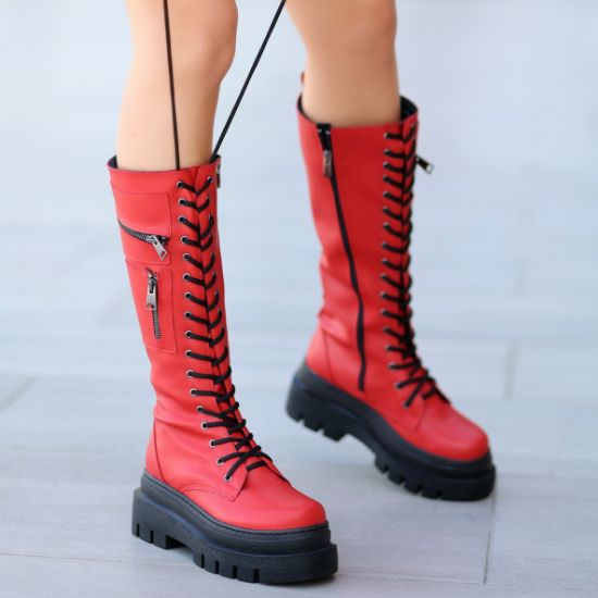 Lodina Kırmızı Cilt Bağcıklı Çizme resmi