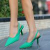 Wude Yeşil Keten Topuklu Ayakkabı resmi